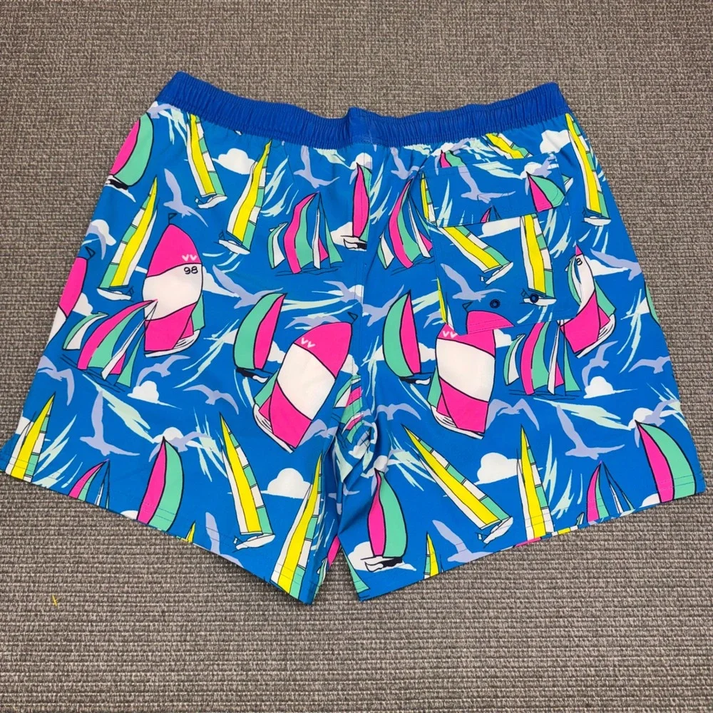 Vineyard Vines Mens Sailboat Print Performance Swim Trunks Blue Pink Large 7in